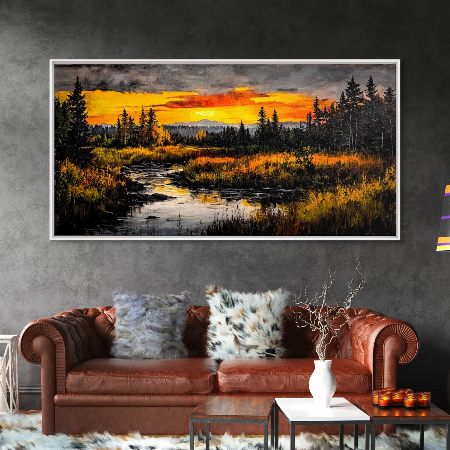 Autumn Sunset, River Landscape, Nature Art, Framed Canvas Print, Rustic Decor, Cabin Wall Art, Fall Wall Art, Living Room Art