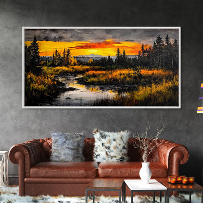 Autumn Sunset, River Landscape, Nature Art, Framed Canvas Print, Rustic Decor, Cabin Wall Art, Fall Wall Art, Living Room Art
