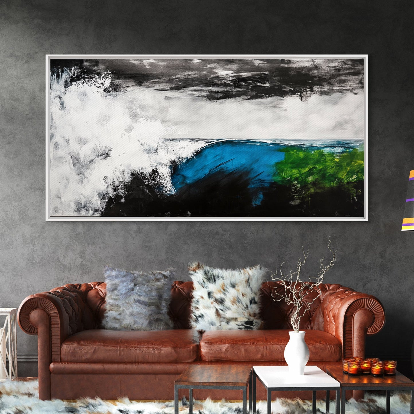 Powerful Wave, Ocean Energy, Coastal Vibes, Modern Abstract, Blue and Green Art, Large Statement, Beach House, Framed Canvas Print