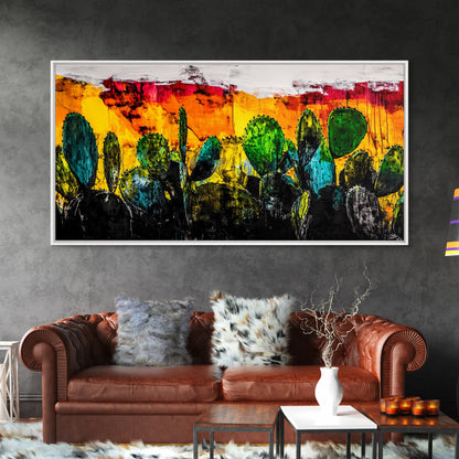 Cactus, Bold Colors, Desert, Vibrant, Framed Canvas Print, Southwest Wall Art, Boho Decor, Modern Abstract Painting, Nature Inspired