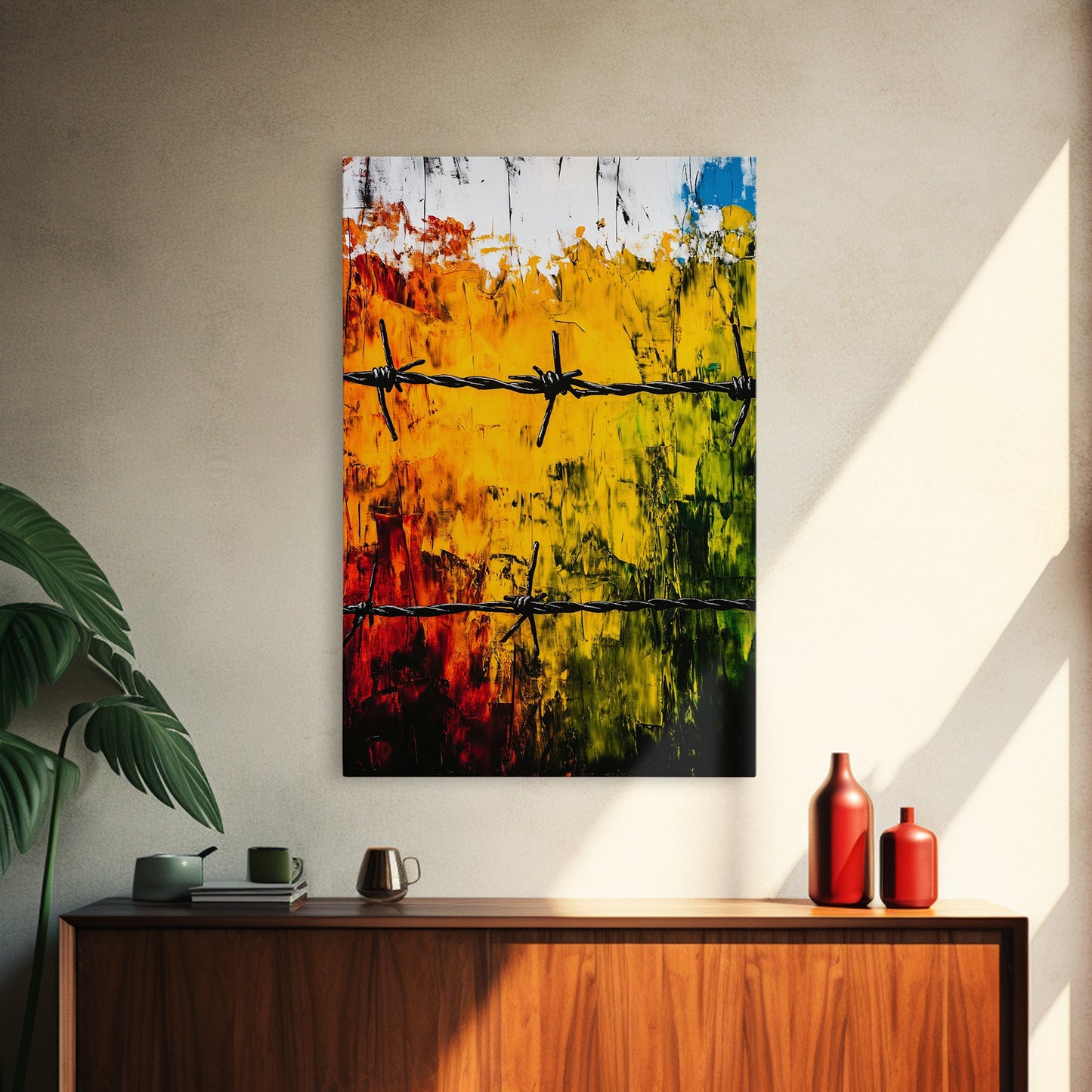 Barbed Wire Wall Art, Red Yellow Green, Bold Abstract Painting, Modern Industrial Decor, Statement Piece, Office Wall Art, Canvas Print