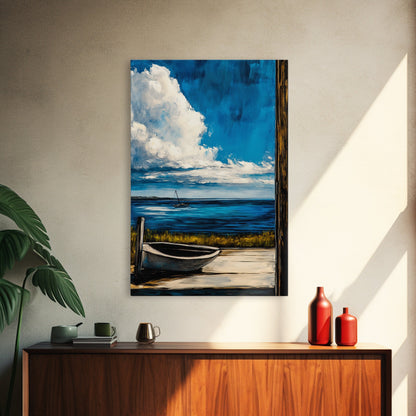 Seaside Serenity, Wooden Dock, Tranquil View, Framed Canvas Print, Ocean Wall Art, Coastal Living, Beach House Decor, Nautical Aesthetic