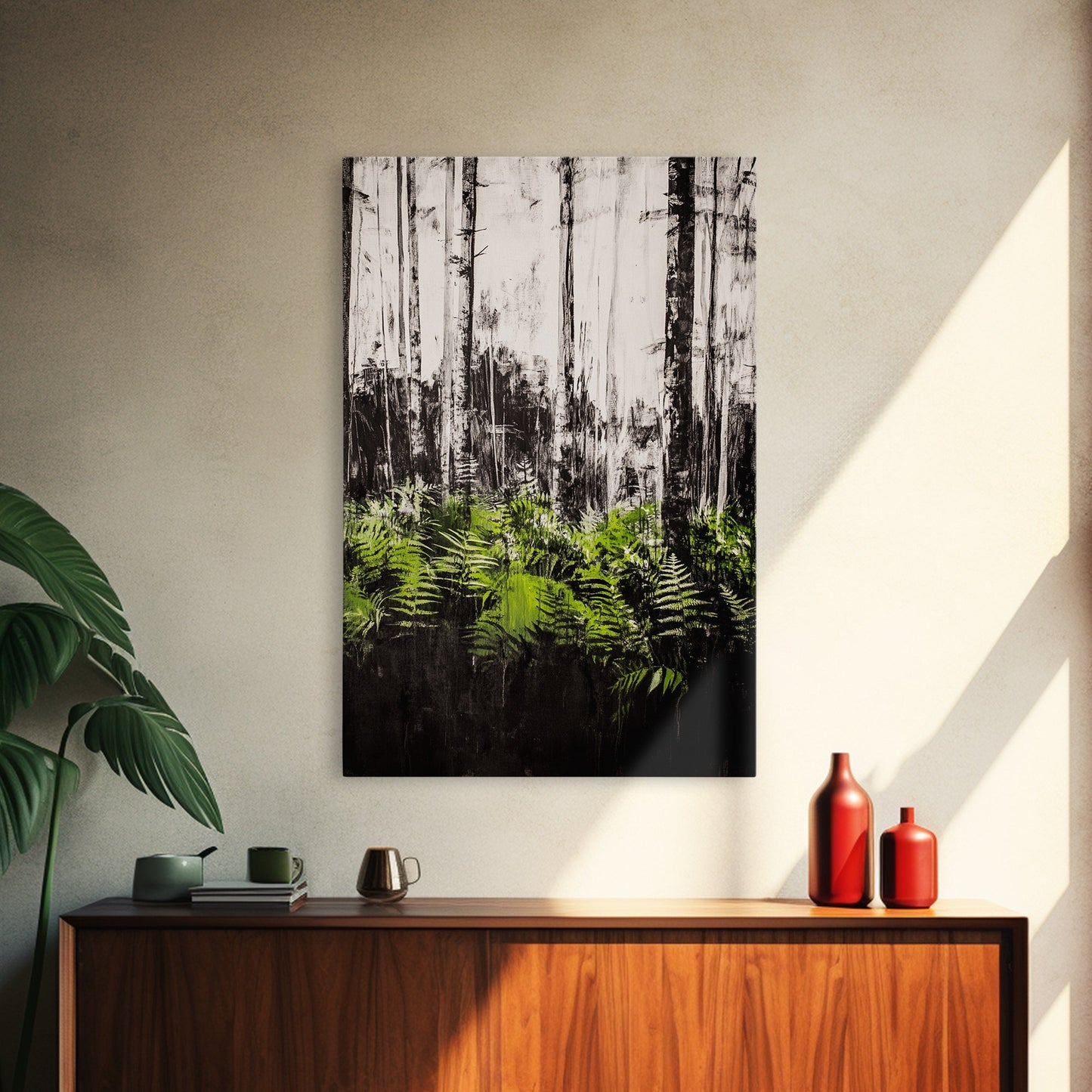 Forest Ferns, Green Botanical Art, Woodland Nature Print, Minimalist Home Decor, Black and White Wall Art, Framed Canvas Print