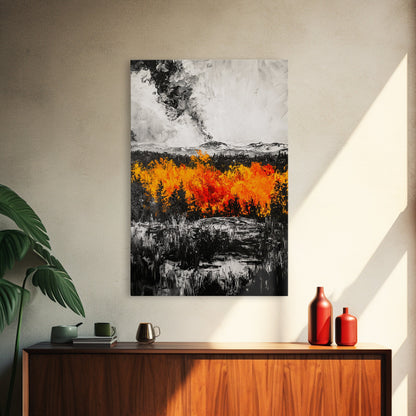 Burning Trees, Fiery Autumn Landscape, Dramatic Fall Wall Art, Modern Seasonal Home Decor, Bold Color Painting, Framed Canvas Print