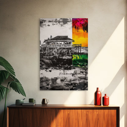 Pier House, Sunset Painting, Coastal Decor, Beach House Art, Framed Canvas Print, Living Room Wall Art, Nautical Theme, Abstract Home Decor