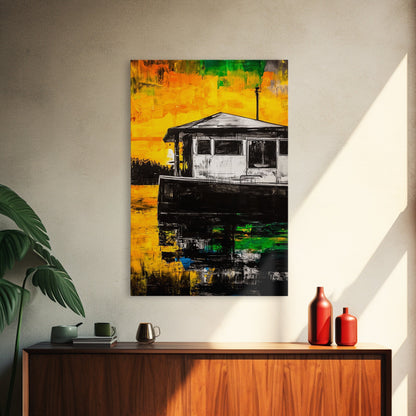 Houseboat Sunset, Coastal Painting, Warm Tones, Abstract Art, Framed Canvas Print, Living Room Wall Art, Waterfront Decor, Ocean Art