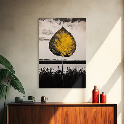 Golden Leaf, Minimalist Nature, Autumn Wall Art, Botanical Decor, Framed Canvas Print, Living Room Art, Black and White, Nature Print