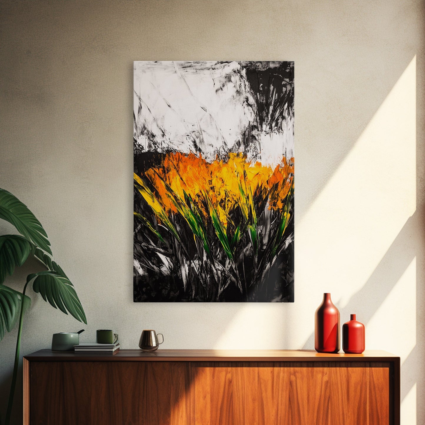 Fiery Wildflowers, Black White Abstract, Nature Art, Floral Painting, Contemporary Living Room Decor, Statement Piece, Canvas Print