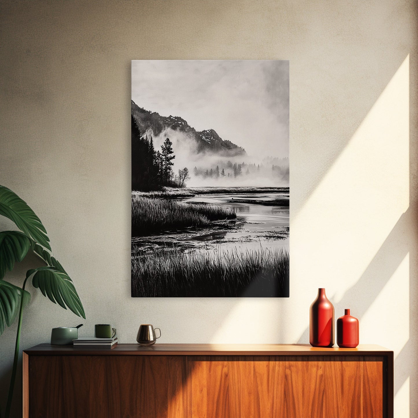 Foggy Forest, Monochrome Wall Art, Nature Landscape, Tranquil Painting, Living Room Decor, Rustic Style, Framed Canvas Print