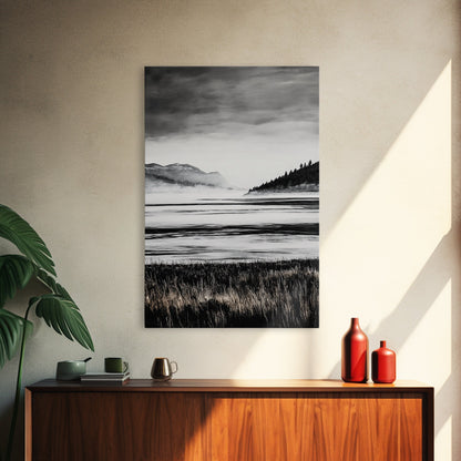 Serene Lake, Black and White Artwork, Misty Mountains, Nature Decor, Minimalist Landscape, Home Office Art, Canvas Print