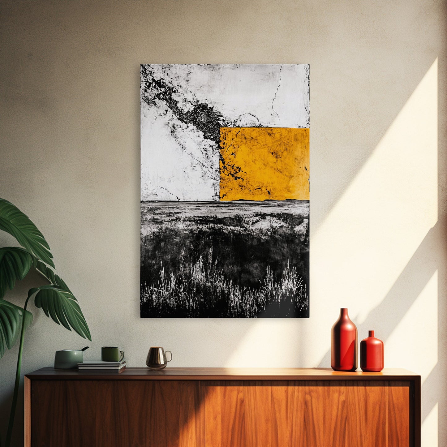 Golden Abstract, Minimalist Landscape Art, Modern Nature Painting, Earthy Tones, Contemporary Home Decor, Framed Canvas Print