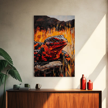 Fiery Lizard, Wildlife Art, Reptile Painting, Nature Wall Art, Rustic Decor, Warm Tones, Fall Wall Art, Living Room Art, Framed Canvas Print