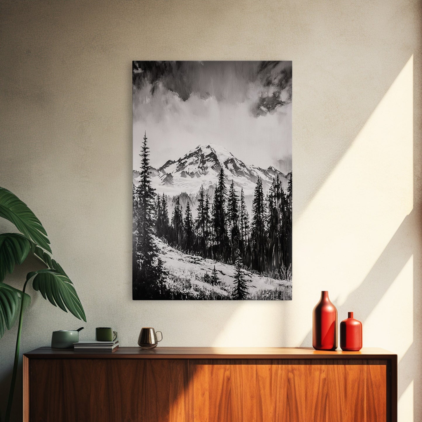 Snowy Peak, Mountain Landscape, Monochrome Art, Winter Wall Art, Nature Inspired, Rustic Wall Decor, Large Wall Art, Framed Canvas Print