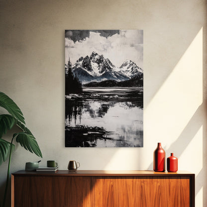 Serene Lake, Black and White Art, Nature Wall Decor, Minimalist Art, Wilderness Painting, Tranquil Wall Art, Modern Home Decor, Canvas Print