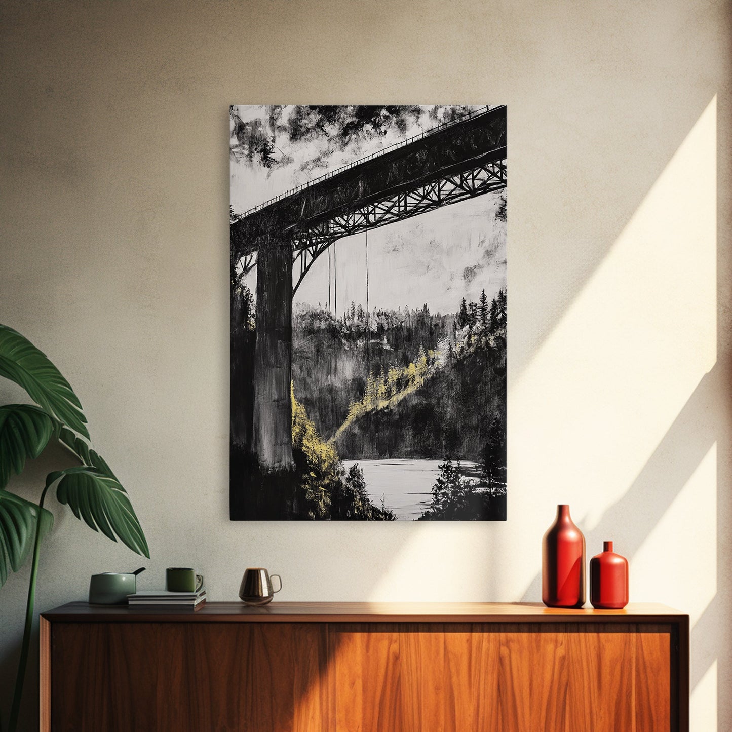 Steel Bridge, Industrial Wall Art, Black and White Landscape, Cityscape Art, Rustic Metal, Loft Style, Office Wall Art, Framed Canvas Print