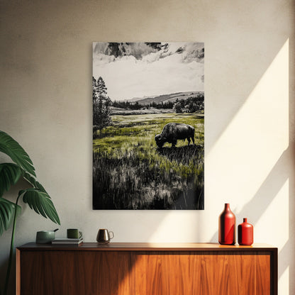Grazing Bison, Wildlife Art, Rustic Home Decor, Nature Inspired, Western Landscape, Monochrome Art, Cabin Wall Art, Framed Canvas Print