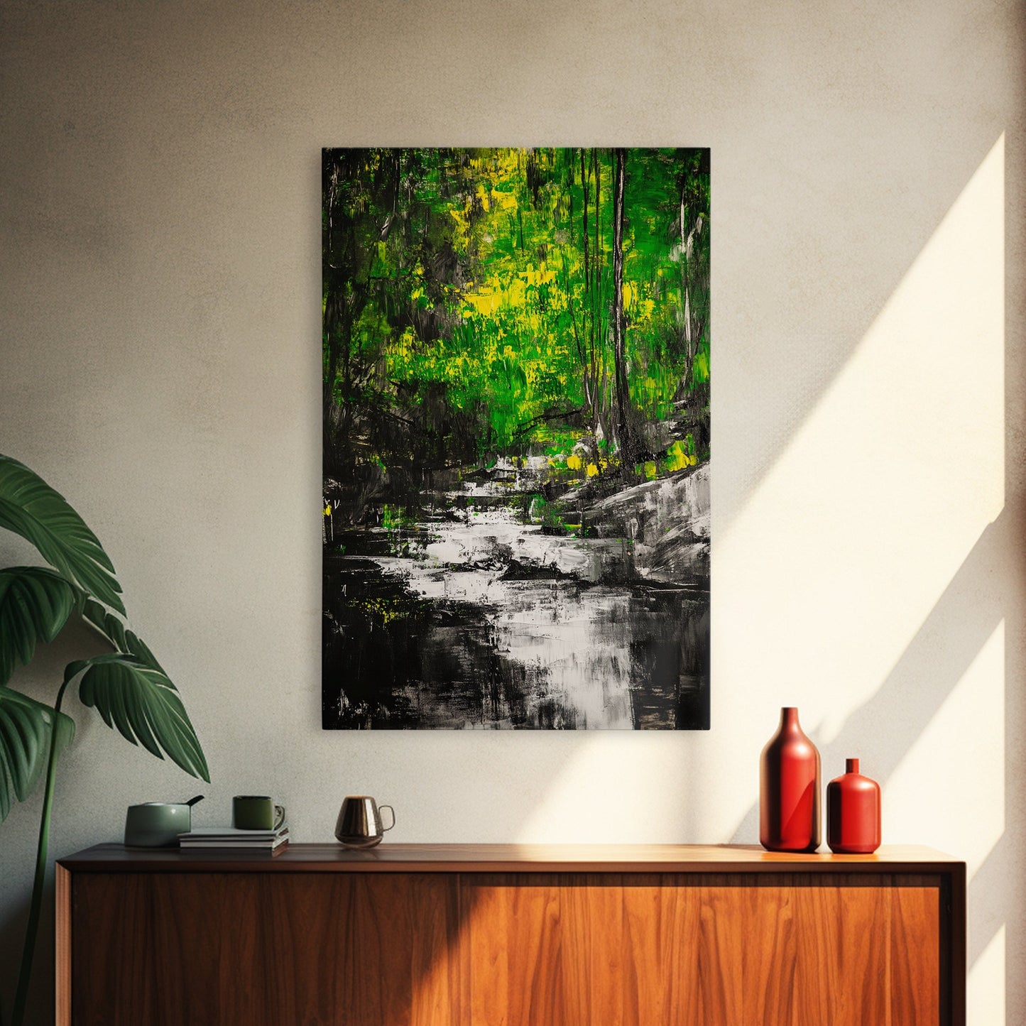 Woodland Stream, Nature Inspired, Green Forest, Serene Wall Art, Minimalist Landscape, Tranquil Home Decor, Large Wall Art, Canvas Print