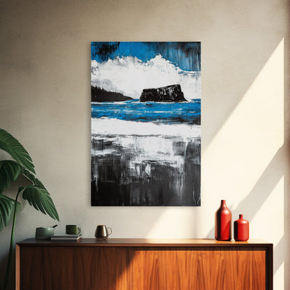 Ocean Cliff Seascape, Moody Coastal Art, Black White Blue Water, Modern Minimalist Wall Decor, Nautical Home Gift, Framed Canvas Print