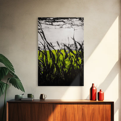 Minimalist Grass Field, Black White Green Nature Art, Abstract Farmhouse Wall Decor, Modern Simple Landscape, Framed Canvas Print