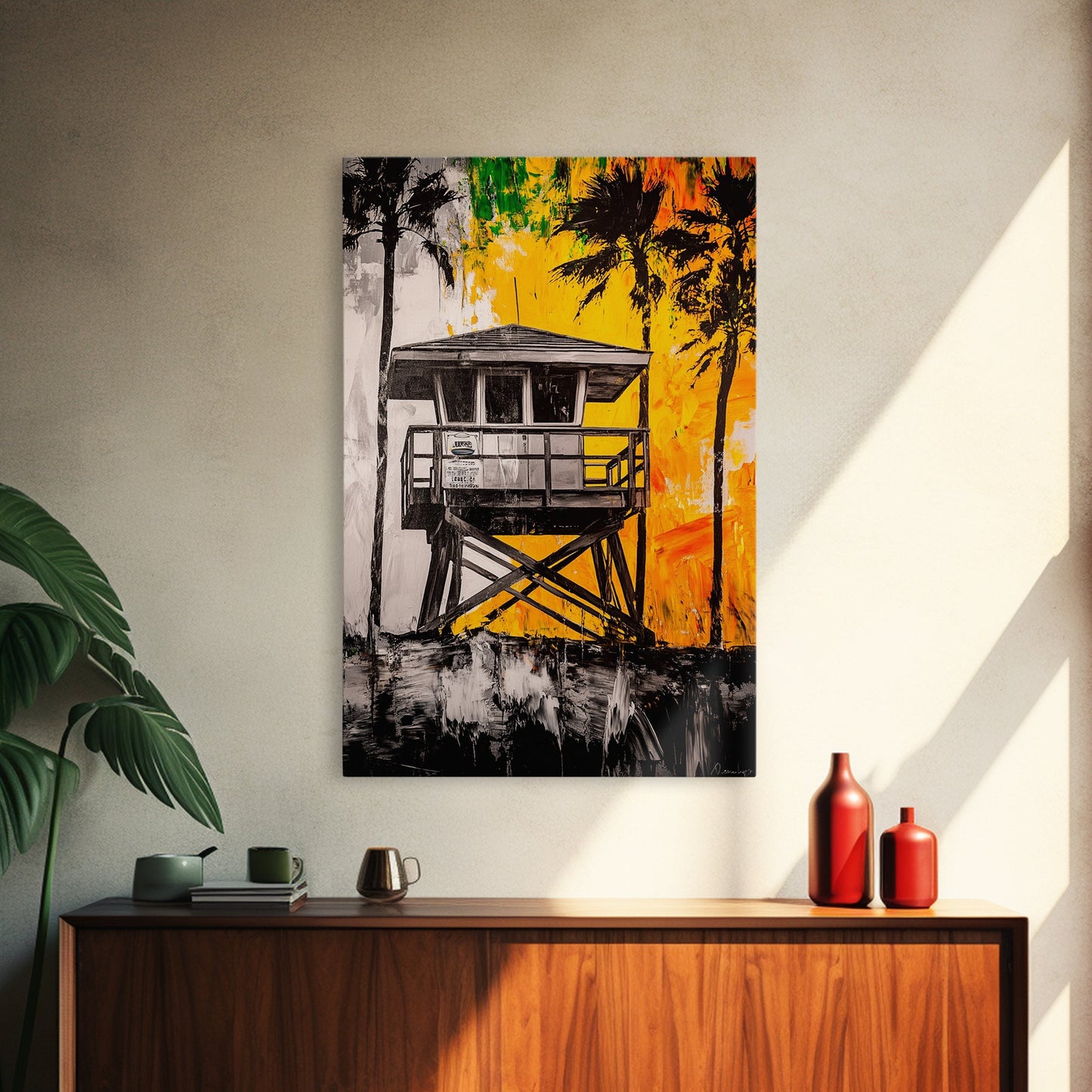 Lifeguard Tower, Beach House Art, Tropical Wall Art, Coastal Sunset, Vibrant Palm Trees, California Decor, Canvas Print, Living Room