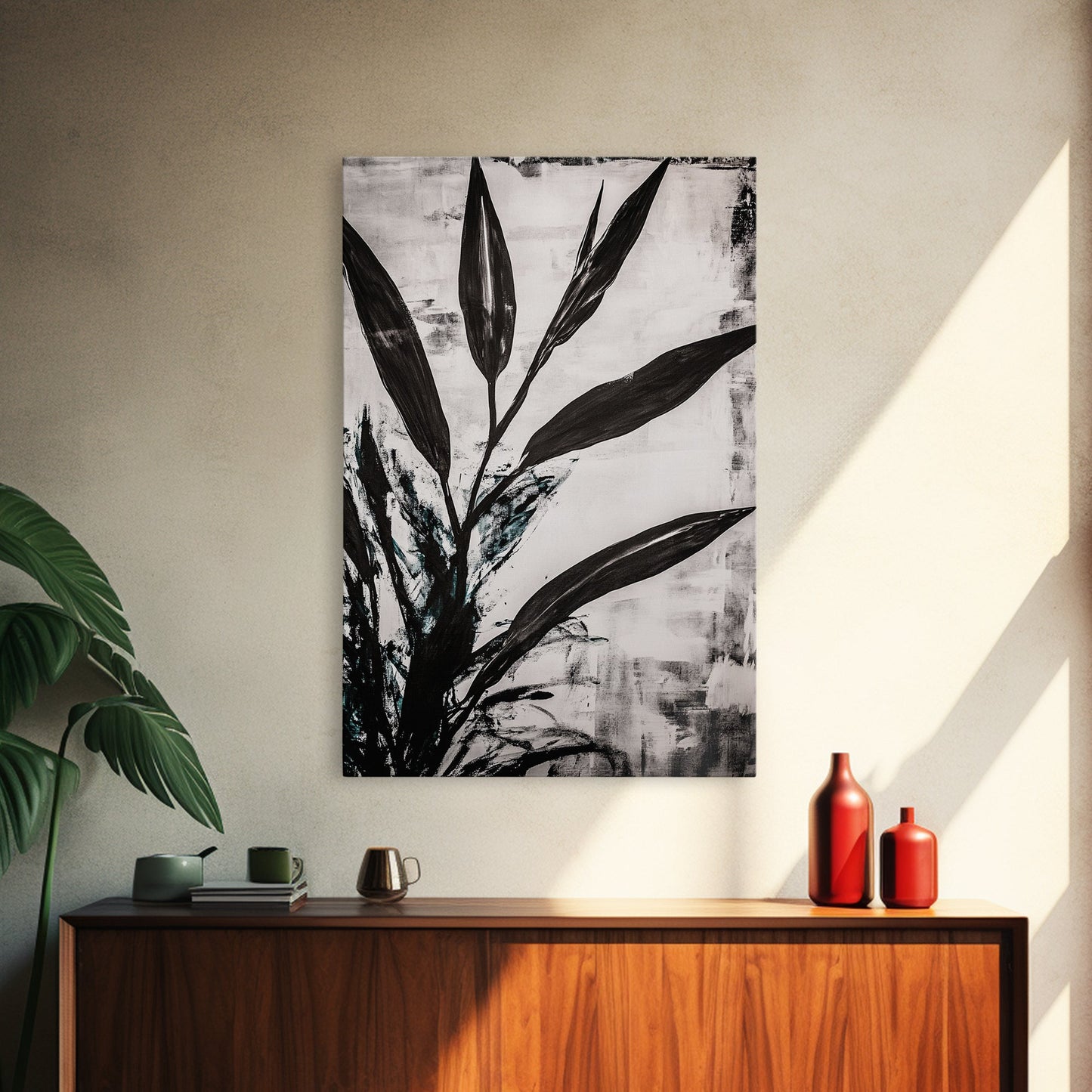 Minimalist Leaves, Monochrome Plant Art, Botanical Wall Decor, Neutral Home Art, Black and White Nature, Framed Canvas Print, Gift Idea