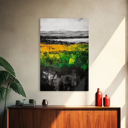 Mountain View, Golden Fields, Lakeside Horizon, Framed Canvas Print, Rustic Landscape, Nature Wall Art, Modern Farmhouse