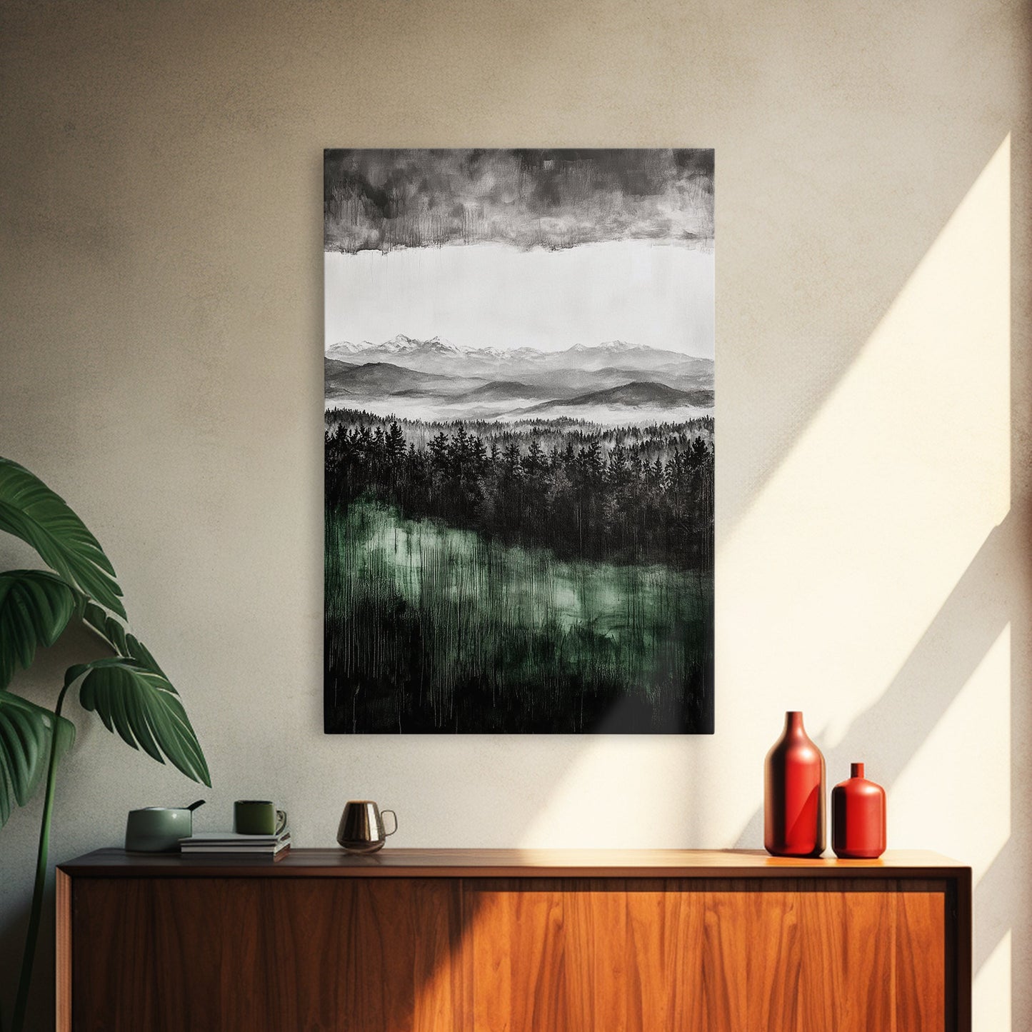 Misty Mountains, Moody Wall Art, Rustic Home Decor, Cabin Wall Art, Neutral Aesthetic, Black and White, Framed Canvas Print