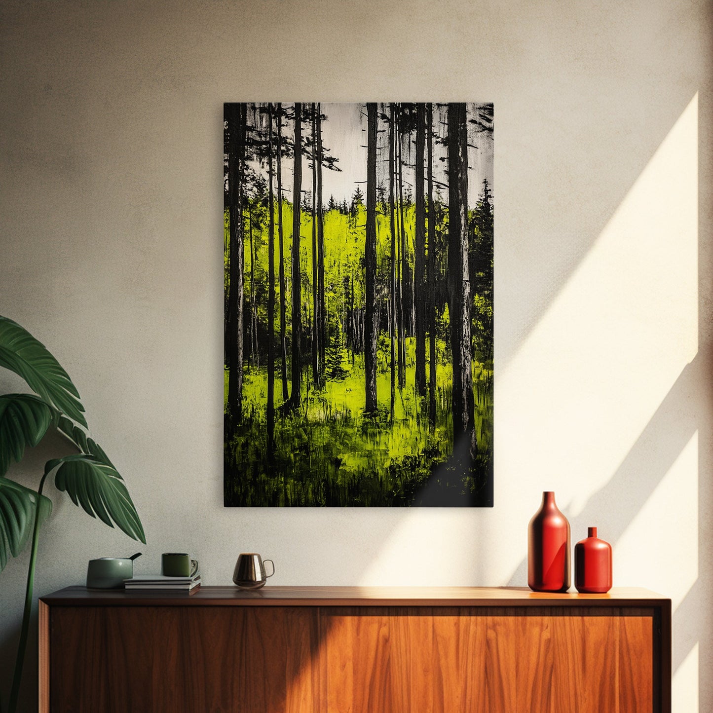 Forest Sunlight, serene nature painting, lush green forest, peaceful landscape wall art, calming home decor, framed canvas print, cabin art