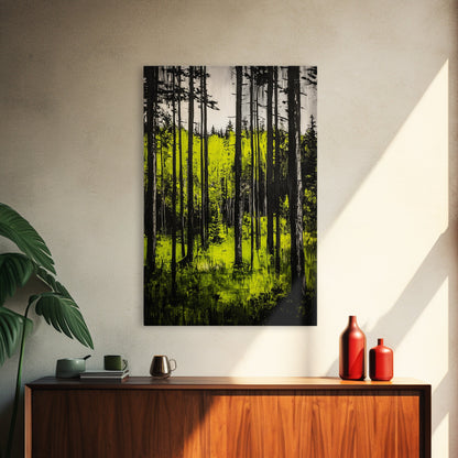 Forest Sunlight, serene nature painting, lush green forest, peaceful landscape wall art, calming home decor, framed canvas print, cabin art