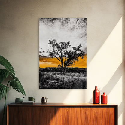 Lone Tree Sunset, dramatic landscape print, fall sunset art, rustic countryside decor, warm autumn painting, framed canvas print, hallway