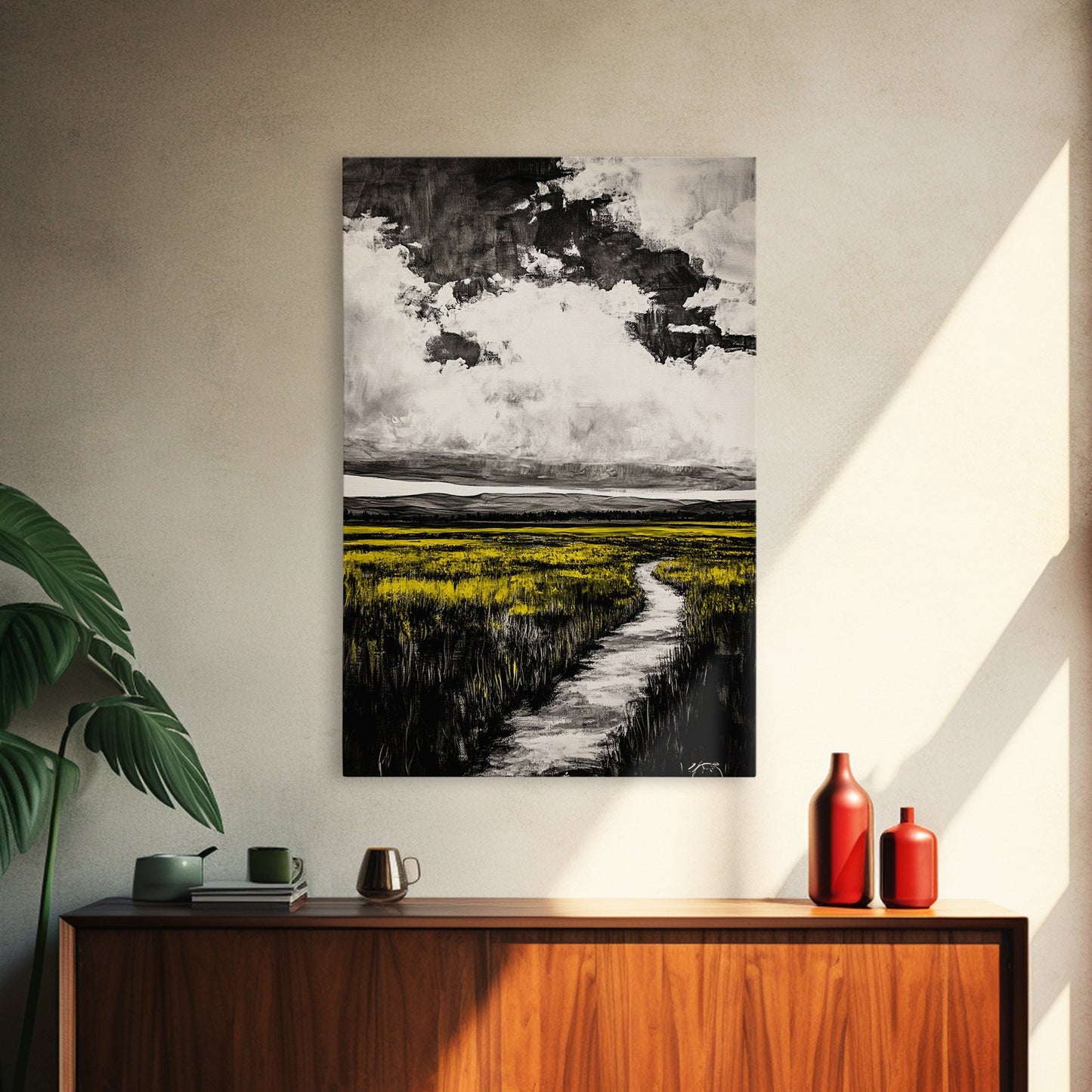 Field Pathway, dreamy landscape painting, country road art, scenic nature wall decor, calming yellow tones, framed canvas print, entryway