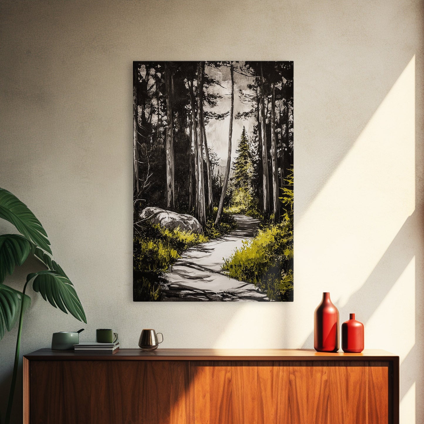 Sunlit Trail, Forest Path, Nature Landscape, Canvas Print, Woodland Wall Art, Minimalist Art, Living Room Decor, Fall Aesthetic