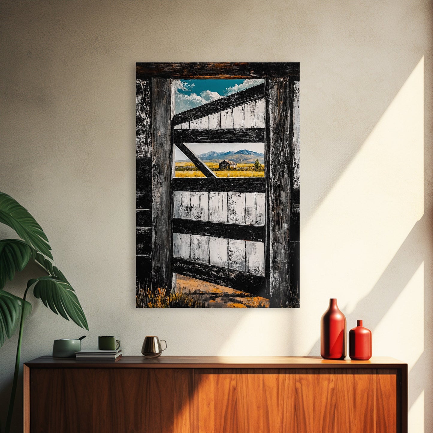 Barn Door View, Mountain Escape, Rustic Scene, Framed Canvas Print, Western Wall Art, Cabin Decor, Farmhouse Style, Country Living