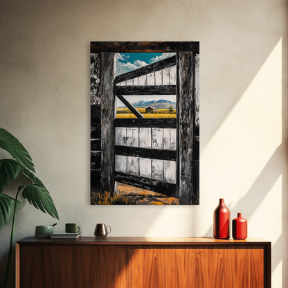 Barn Door View, Mountain Escape, Rustic Scene, Framed Canvas Print, Western Wall Art, Cabin Decor, Farmhouse Style, Country Living