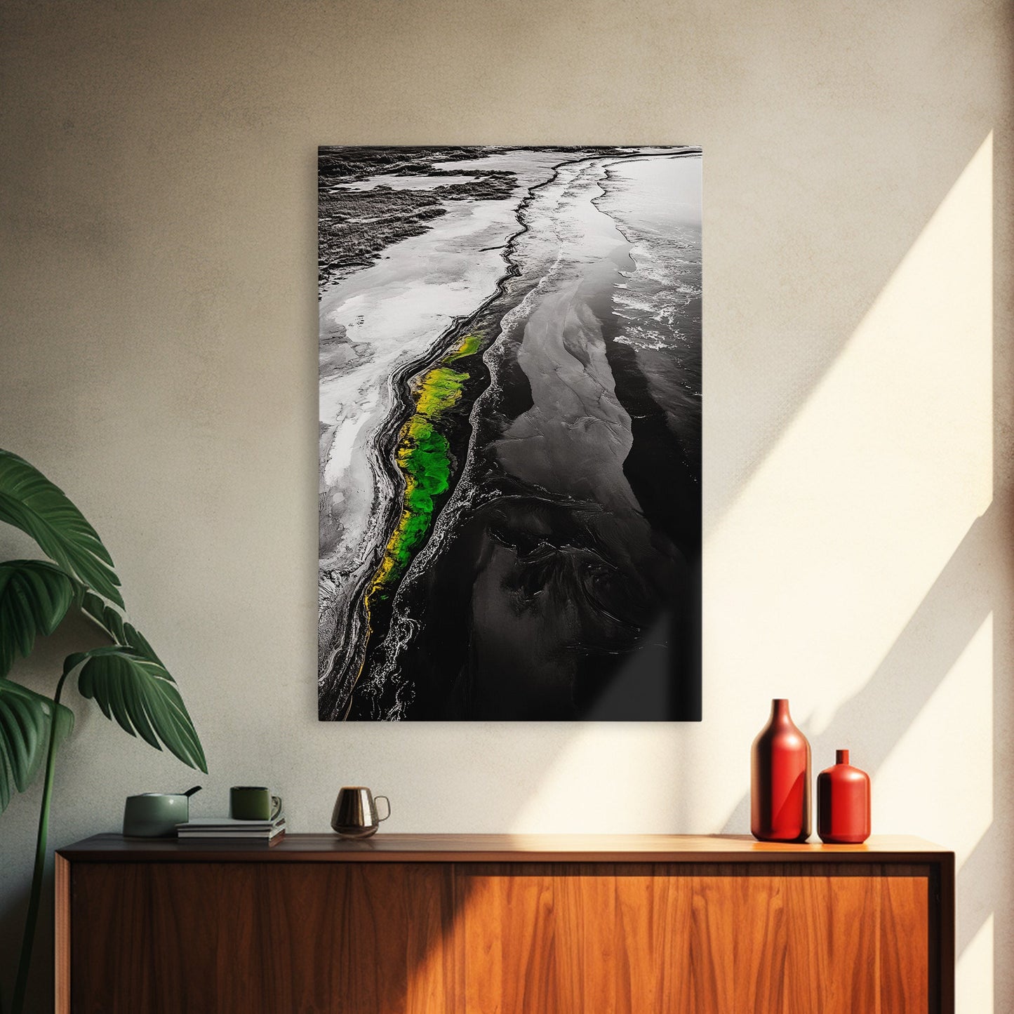 Abstract River, Nature Landscape, Modern Wall Art, Monochrome Print, Green Accents, Contemporary Art, Framed Canvas Print, Office Wall Decor