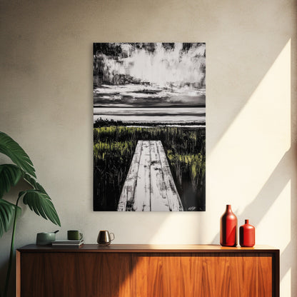 Pathway Beach Scene, Serene Coastal Art, Black and White Landscape, Modern Wall Decor, Relaxing Nature Framed Canvas Print, Office Art