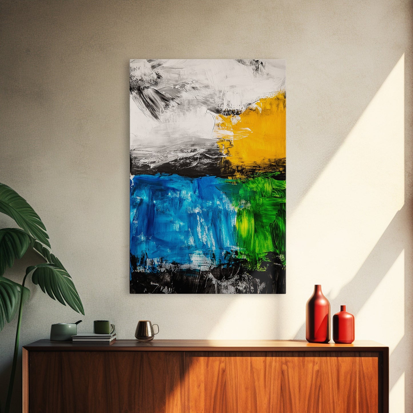 Abstract Landscape, Blue and Yellow Modern Painting, Minimalist Nature Art, Framed Canvas Print, Living Room or Office Wall Decor