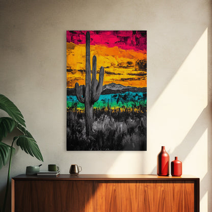 Desert Cactus, Vibrant Sunset Southwest Painting, Bold Desert Art, Framed Canvas Print, Western Home or Office Wall Decor