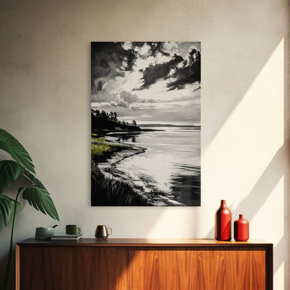 Moody Landscape, Black and White Art, Dramatic Sky, Coastal Scene, Nature Painting, Modern Home Decor, Minimalist Style, Framed Canvas Print