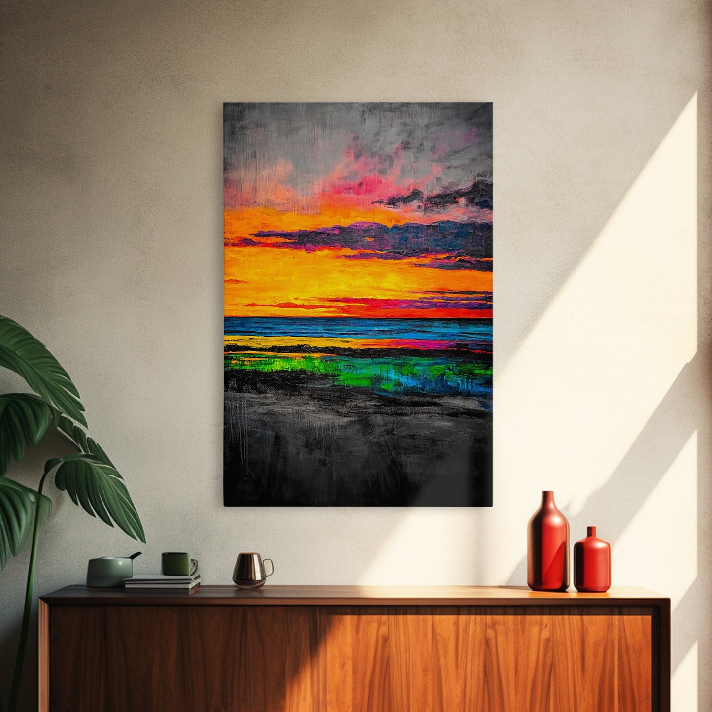 Sunset Glow, Vibrant Landscape, Nature Art, Framed Canvas Print, Dramatic Sky Painting, Fall Home Decor, Large Wall Art, Beach Scene