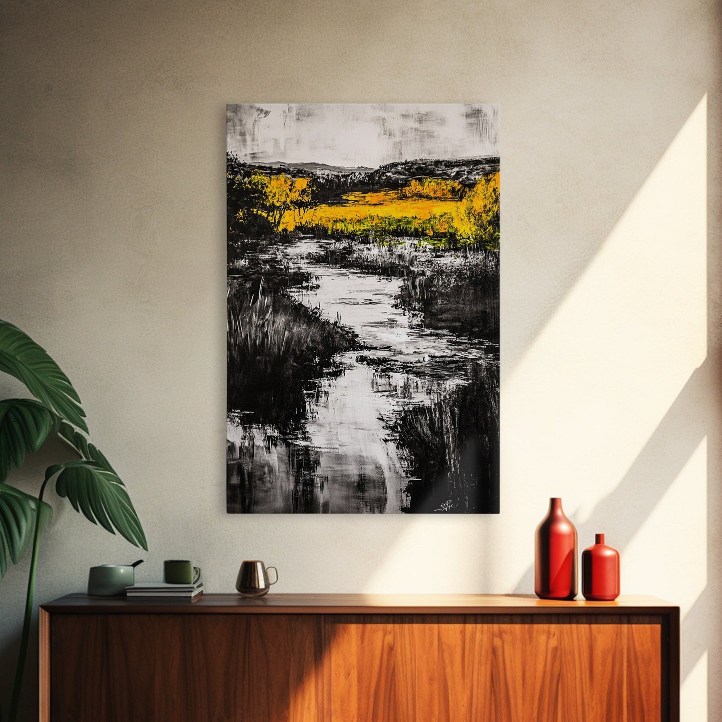Black White Landscape, Yellow Trees, River Stream Art, Rustic Farmhouse Decor, Modern Nature Wall Art, Bedroom Wall Decor, Canvas Print