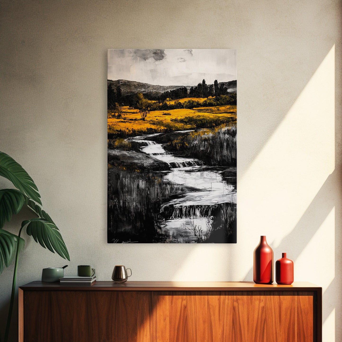 Golden Meadow, Nature Landscape, Rustic Wall Art, Framed Canvas Print, Country Farmhouse Decor, Waterfall Painting, Fall Vibes