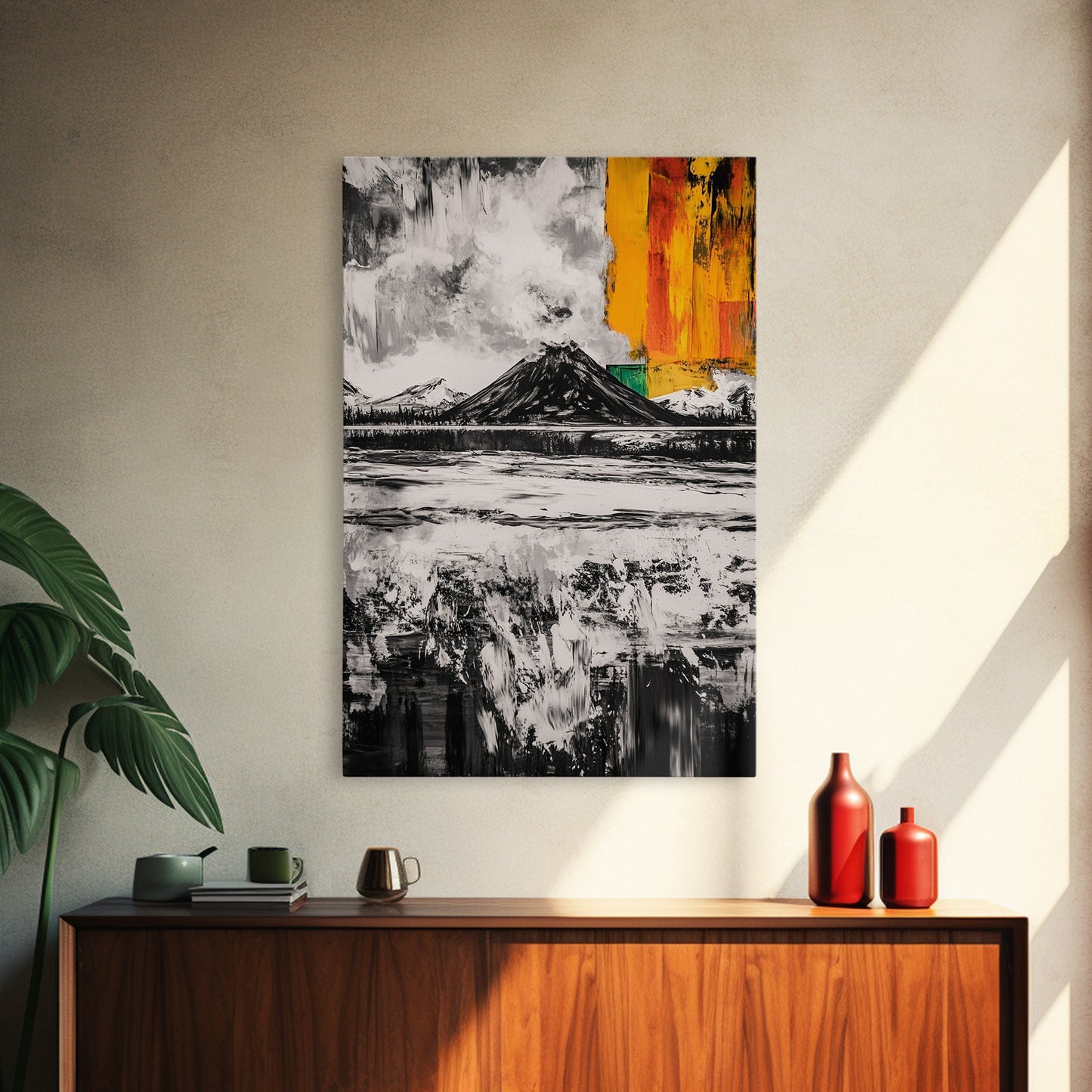 Volcano Landscape, Abstract Nature Art, Bold Modern Painting, Framed Canvas Print, Monochrome Mountains, Adventure Wall Decor
