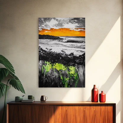 Sunset Ocean, Coastal Wall Art, Black White Seascape, Framed Canvas Print, Beach House Decor, Dramatic Sky, Nautical Artwork