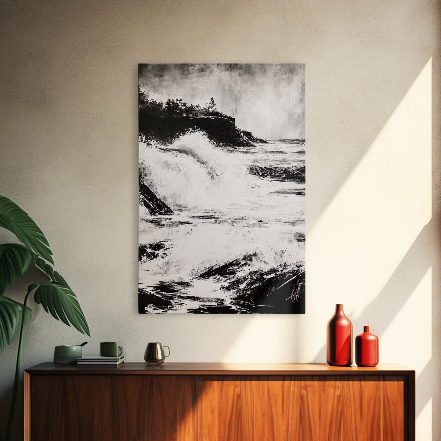 Ocean Waves, Seascape Painting, Framed Canvas Print, Beach House Decor, Nautical Wall Art, Black and White Art, Coastal Living Room