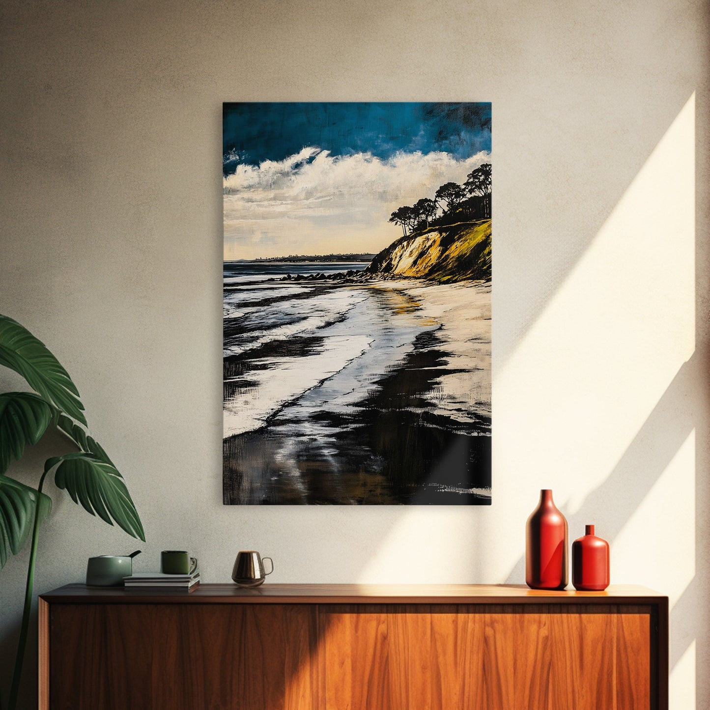 Sunset Beach, Cliffside View, Ocean Landscape, Nature Wall Art, Framed Canvas Print, Coastal Home Decor, Golden Hour, Serene Scene