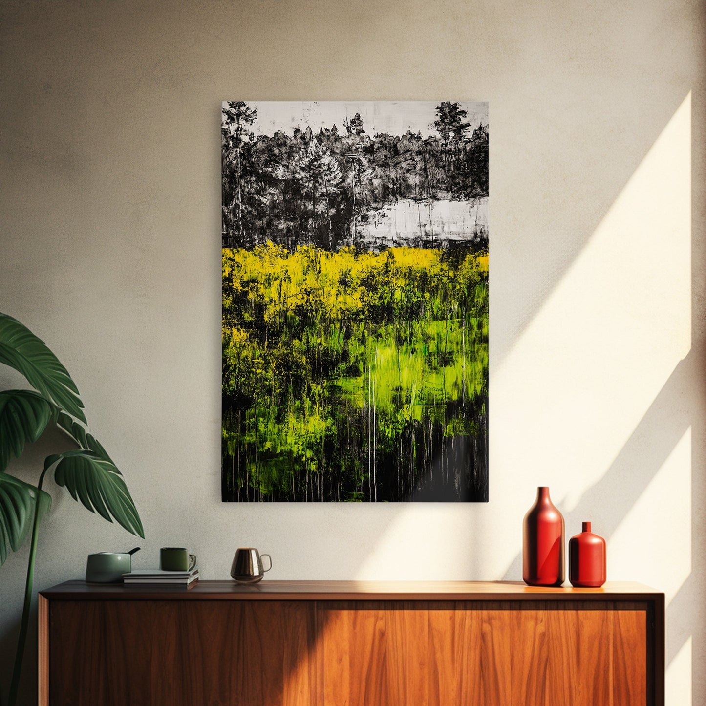Wildflowers, Abstract Meadow, Colorful Landscape, Modern Wall Art, Framed Canvas Print, Boho Decor, Vibrant Nature, Yellow Green Art