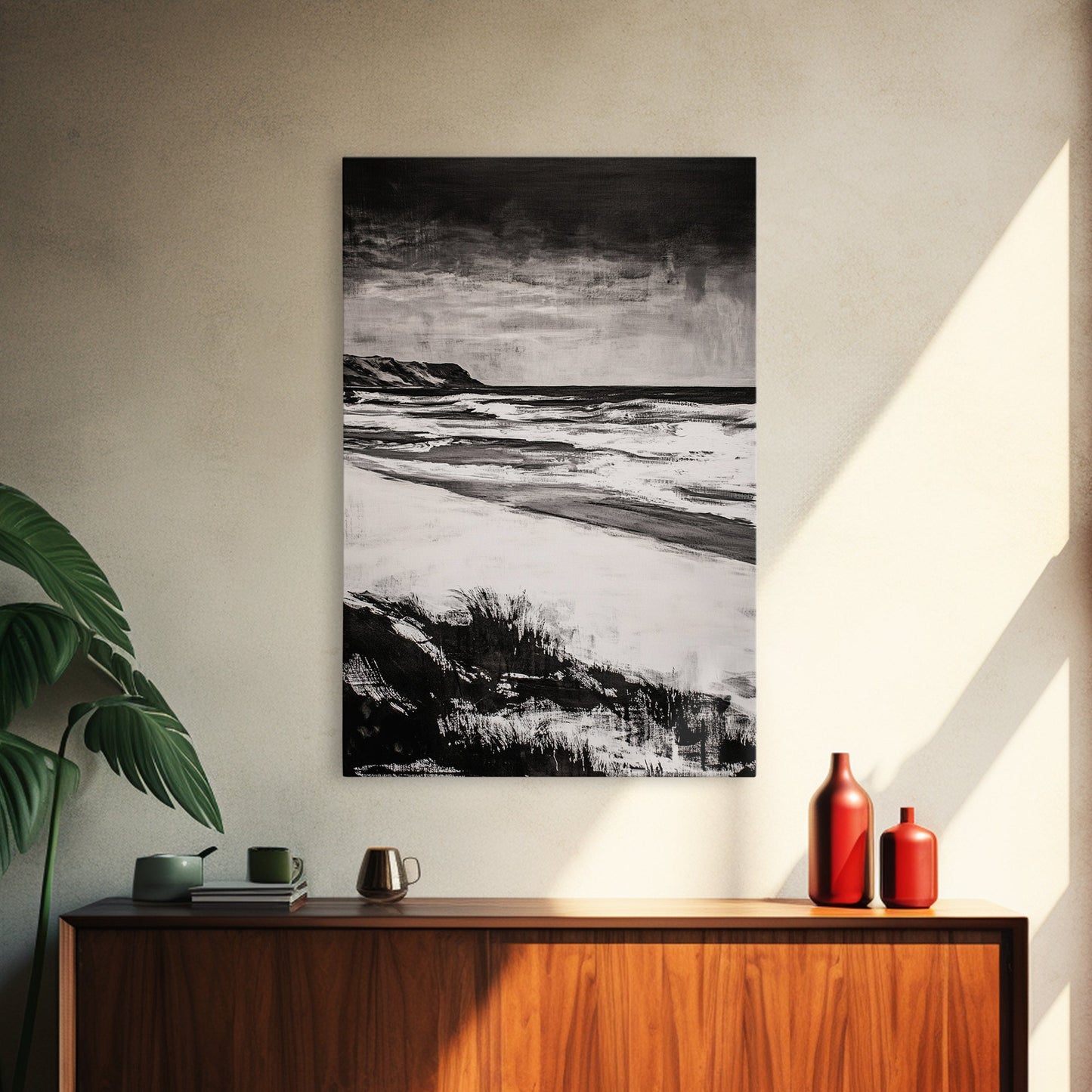 Black and White Beach, Stormy Ocean, Dramatic Seascape, Moody Wall Art, Framed Canvas Print, Minimalist Decor, Coastal Storm