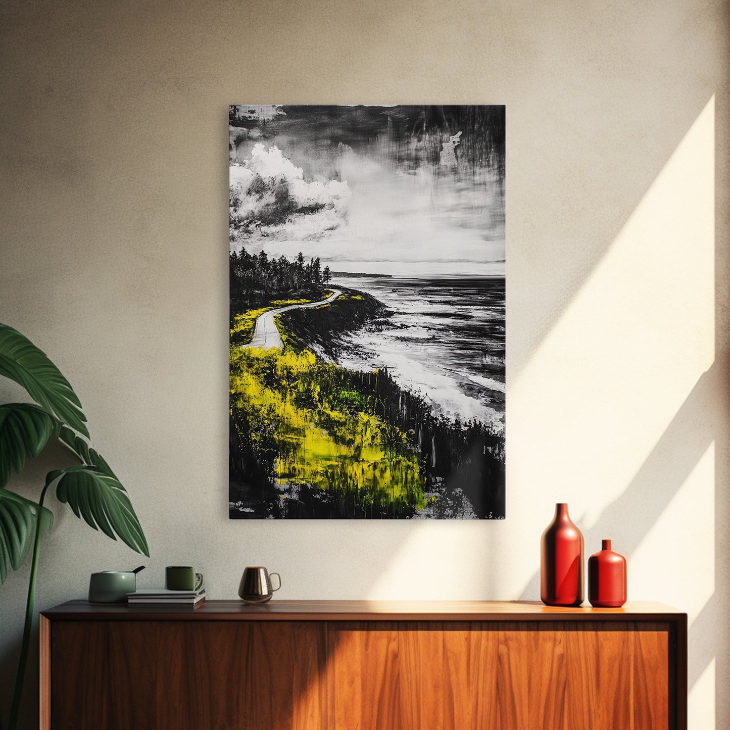 Coastal Road, Ocean View, Yellow Grass, Canvas Print, Scenic Landscape, Rustic Wall Art, Beach House Decor, Nature Painting