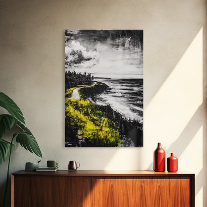Coastal Road, Ocean View, Yellow Grass, Canvas Print, Scenic Landscape, Rustic Wall Art, Beach House Decor, Nature Painting